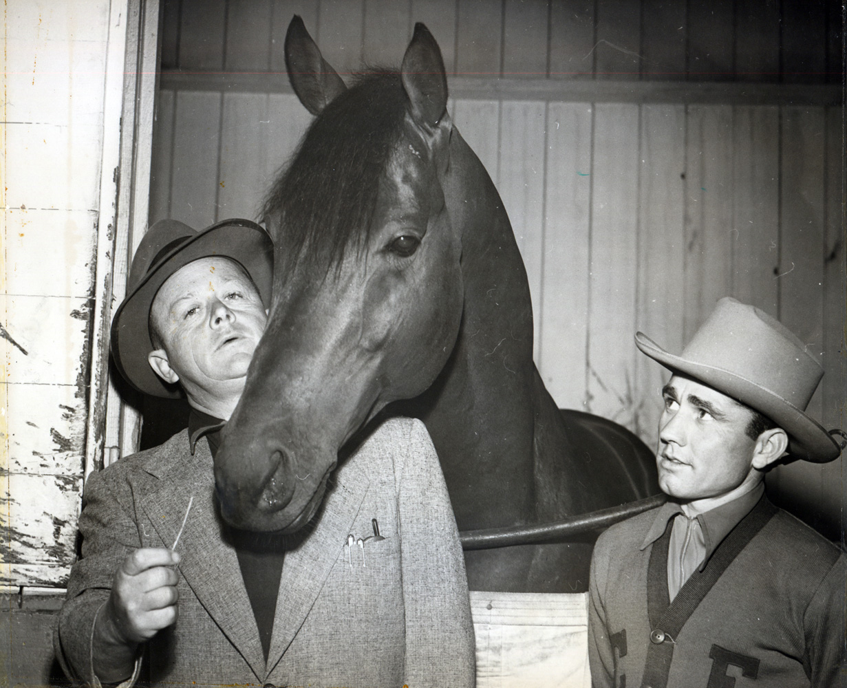 Trainer Jimmy Jones, Citation and Steve Brooks at Hollywood Park (Hollywood Park Photo/Museum Colleciton)