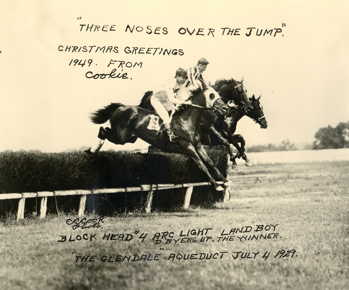 Photo greeting card by C. C. Cook depicting the 1929 Glendale at Aqueduct, won by Block Head and J. Dallett Byers (C. C. Cook/Museum Collection)