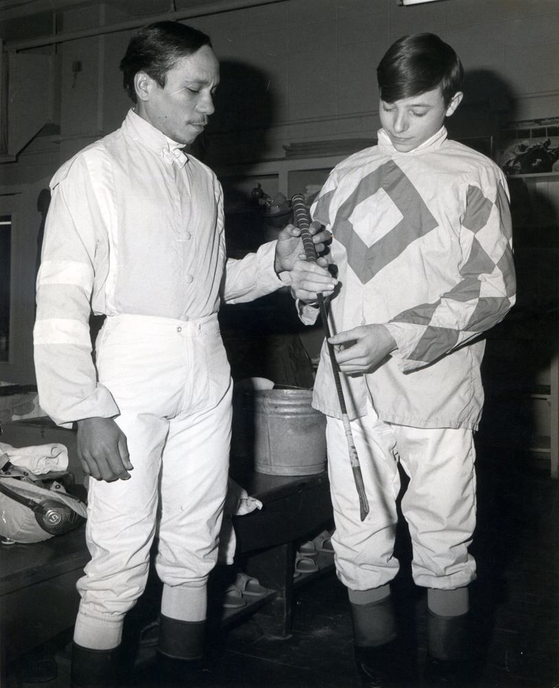 Jorge Velasquez and Steve Cauthen in the jock's room (Museum Collection)