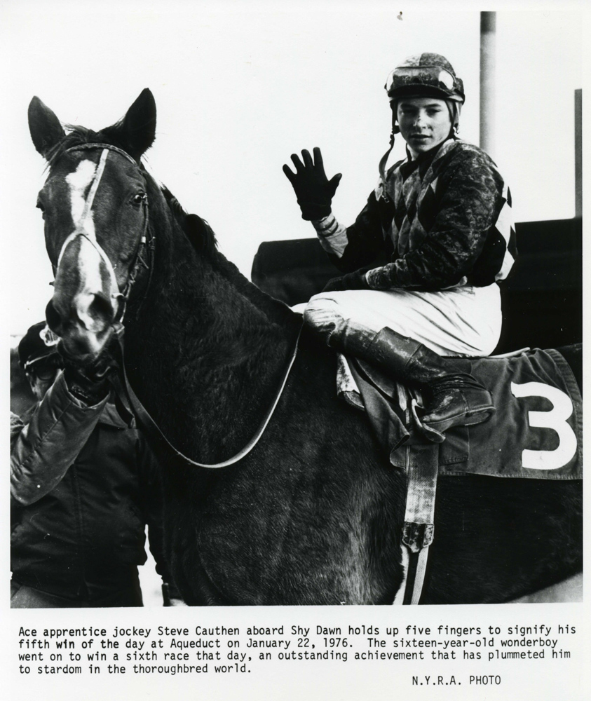 Steve Cauthen after his fifth win of the day at Aqueduct, January 1977 (NYRA/Museum Collection)
