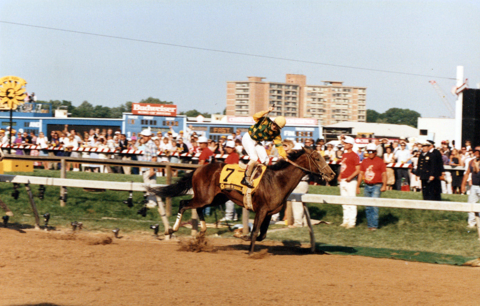 Pat Day and Summer Squall winning the 1990 Preakness at Pimlico (Mike Pender/Museum Collection)