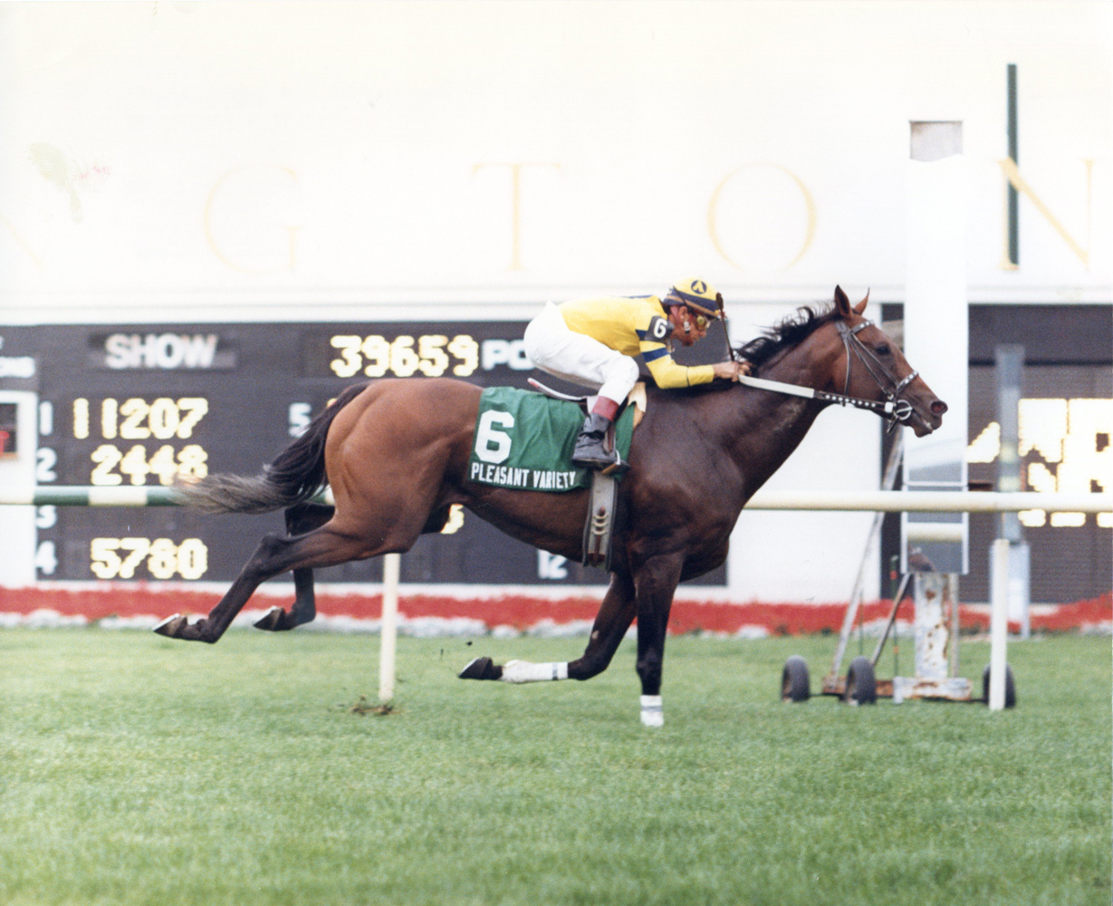 Earlie Fires and Pleasant Variety winning the 1990 Arlington Handicap at Arlington Park (Four Footed Fotos/Museum Collection)