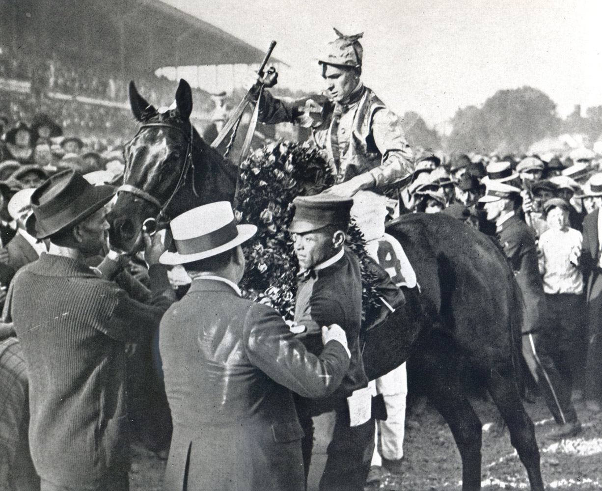 Albert Johnson and Morvich in the winner's circle for the 1922 Kentucky Derby (Churchill Downs Inc./Kinetic Corp. /Museum Collection)