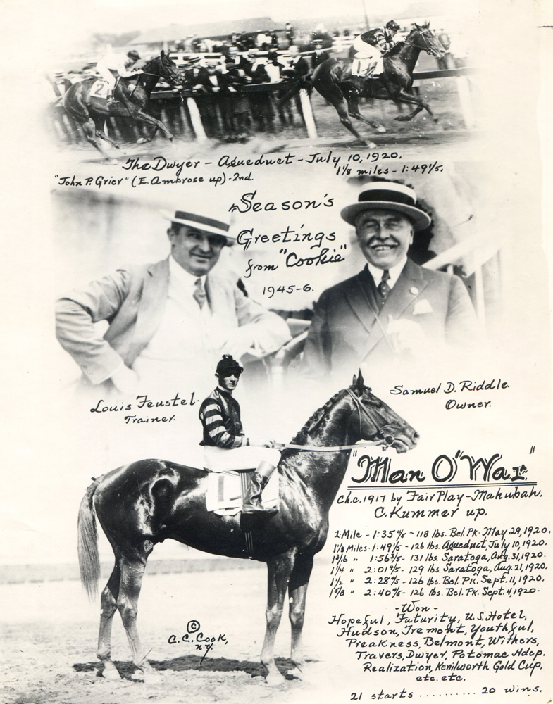 Greeting card collage created by photographer C. C. Cook celebrating Man o' War and Clarence Kummer's victory in the 1920 Dwyer (C. C. Cook/Museum Collection)