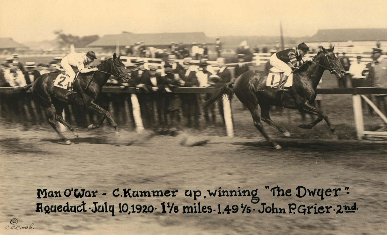 Clarence Kummer and Man o' War winning the 1920 Dwyer Stakes at Aqueduct (C. C. Cook/Museum Collection)