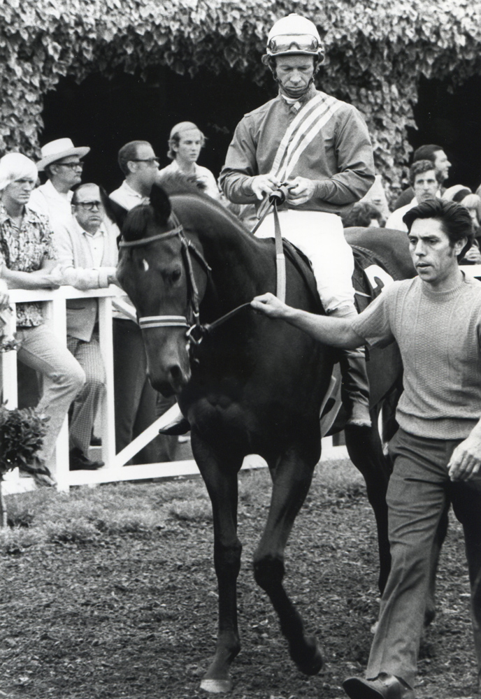 Don Pierce and Fleet Peach in the paddock before winning the 1973 Debutante at Del Mar (Bill Mochon/Museum Collection)