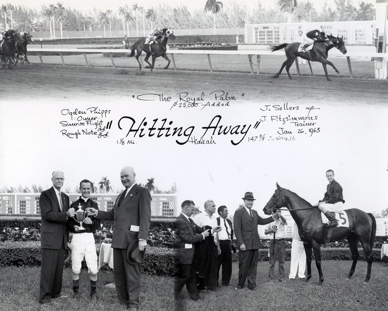 Win composite from the 1963 Royal Palm Handicap at Hialaeh, won by John Sellers and Hitting Away (Jim Raftery Turfotos/Museum Collection)