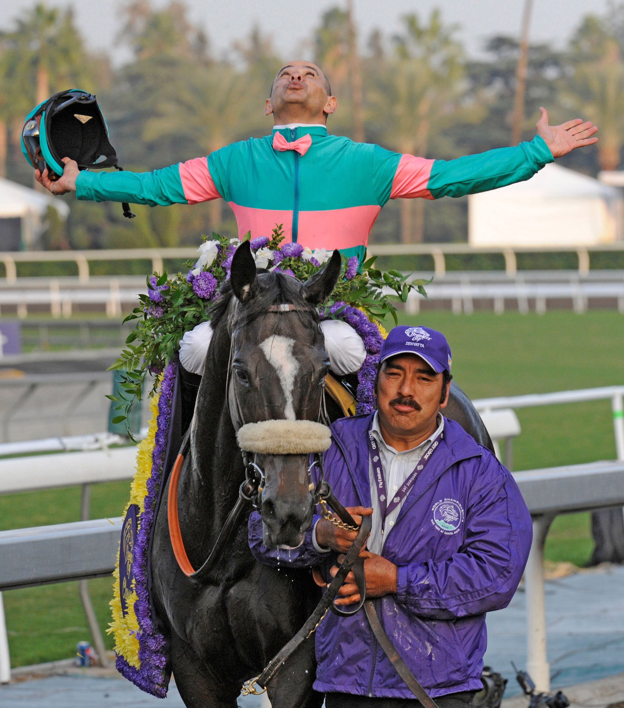 Mike Smith and Zenyatta after winning the 2009 Breeders' Cup Classic at Santa Anita (Skip Dickstein)