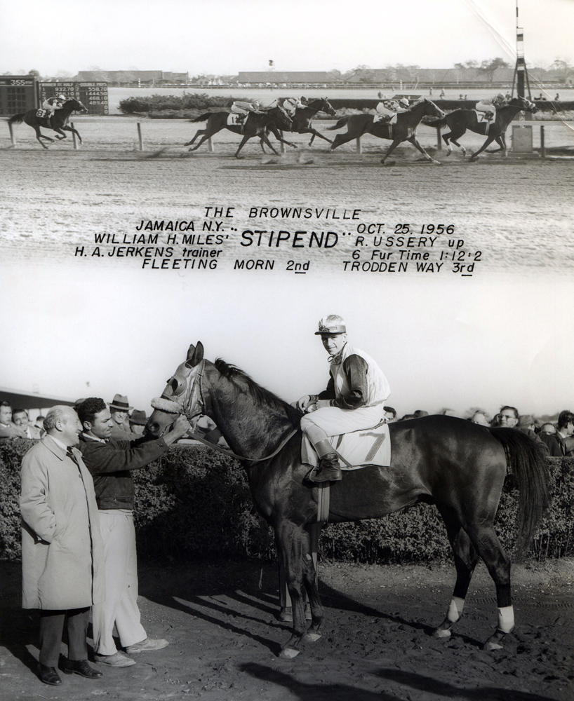 Win composite from a race at Jamaica, October 1956, won by Bobby Ussery and Stipend (NYRA)