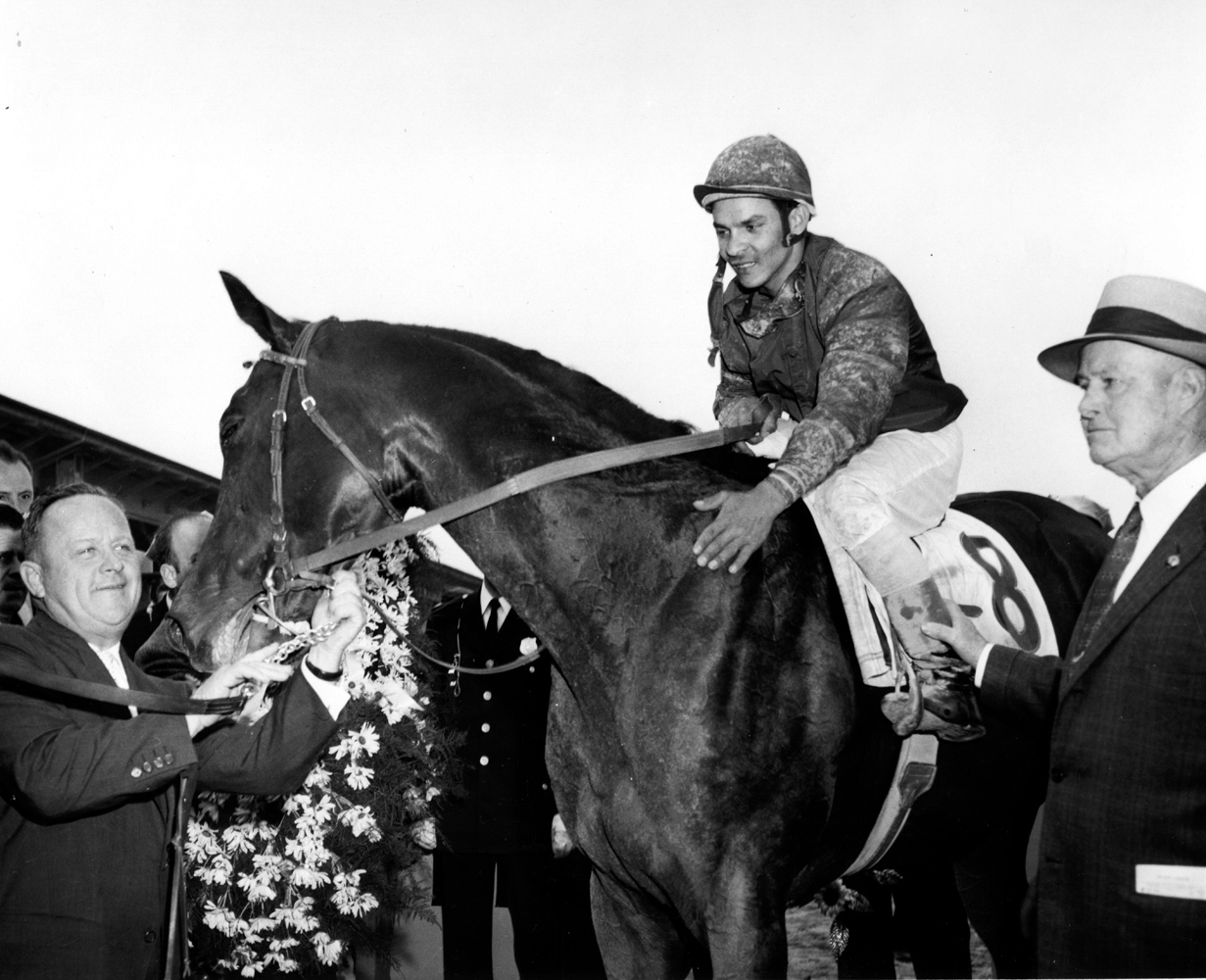 Milo Valenzuela, Tim Tam, H. A. "Jimmy Jones, and Ben Jones after their 1958 Preakness Stakes victory (Pimlico Photo/Museum Collection)