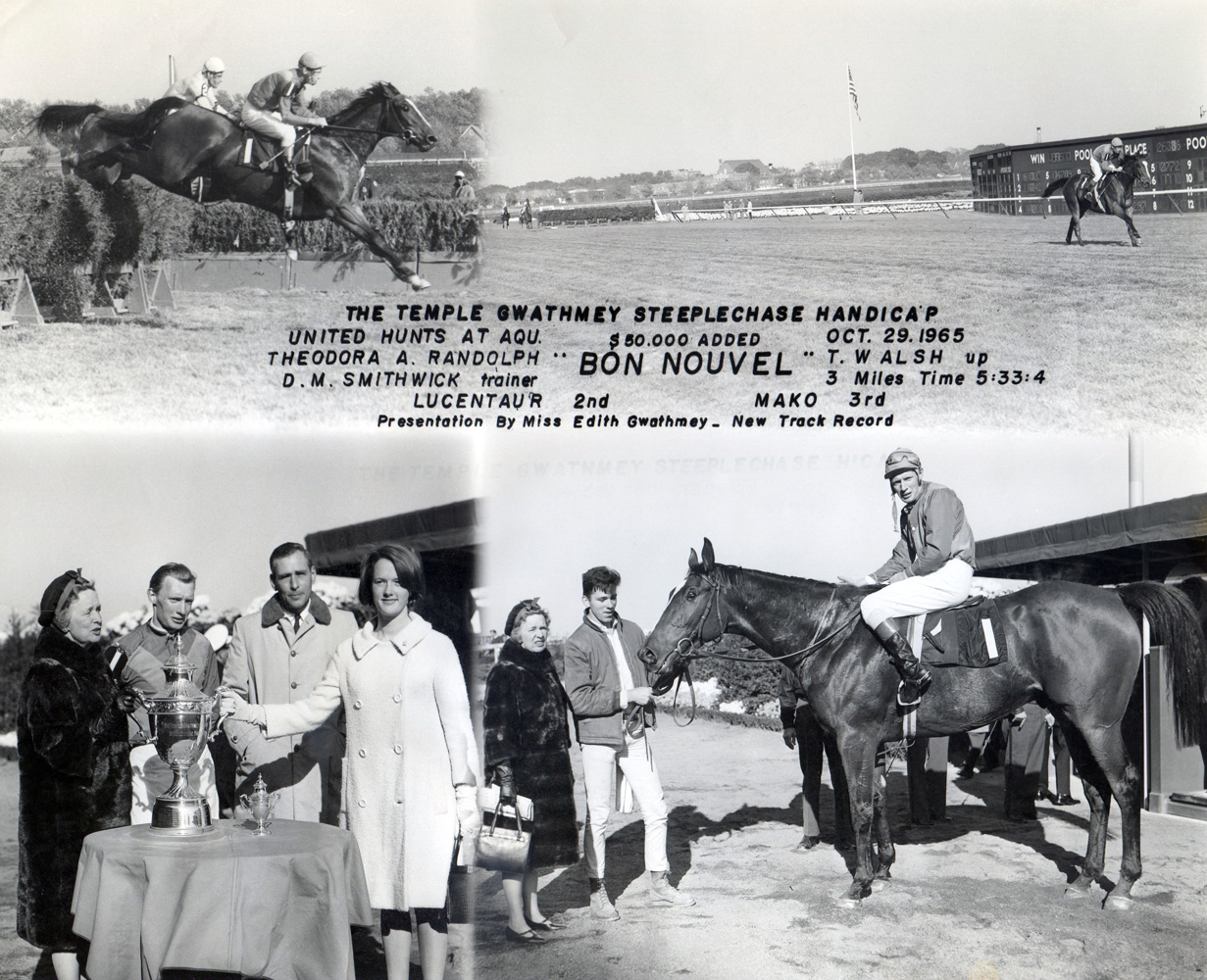 Win composite from the 1965 Temple Gwathmey Steeplechase Handicap at Aqueduct, won by Tommy Walsh and Bon Nouvel (NYRA/Museum Collection)
