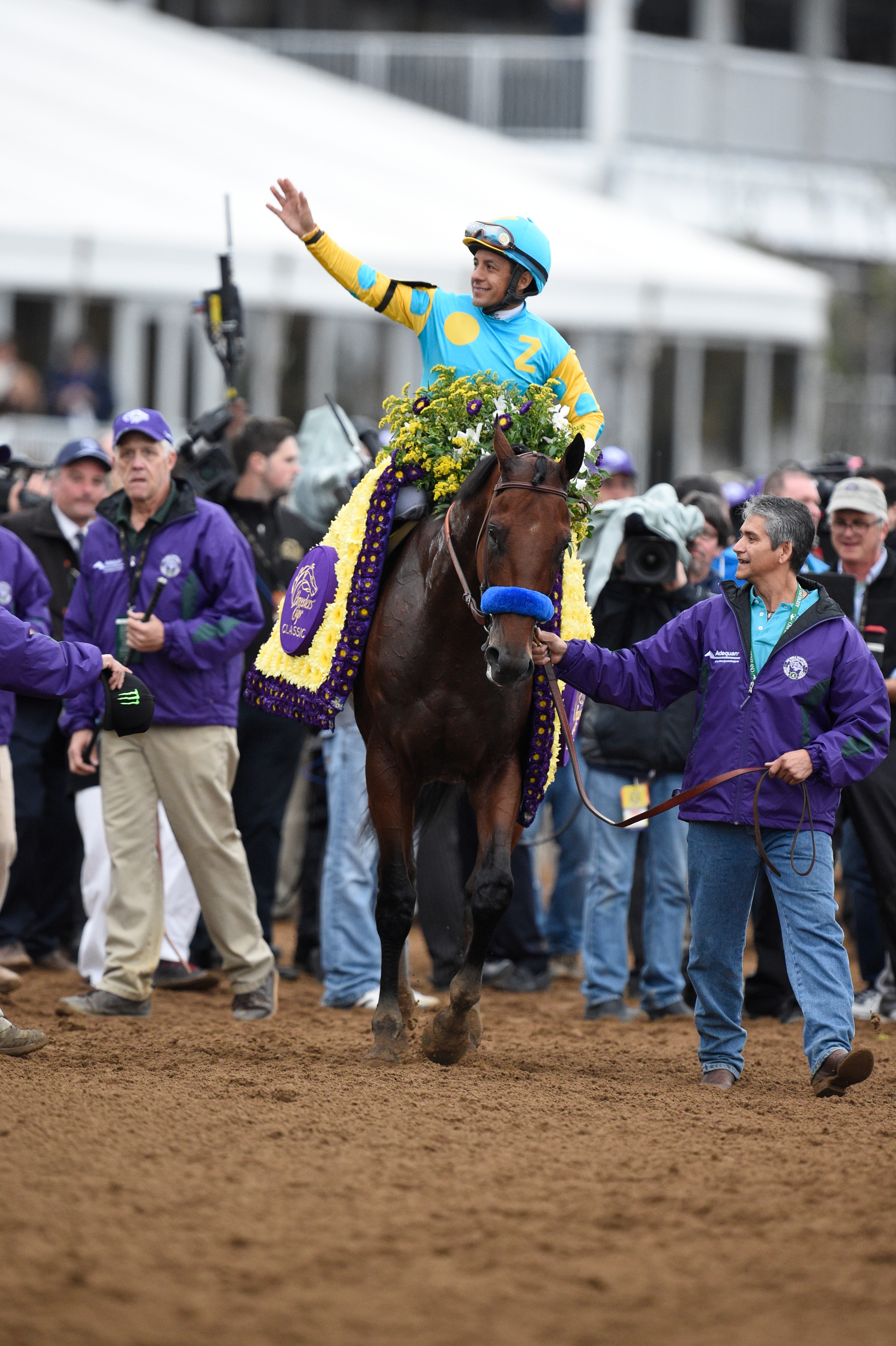 Victor Espinoza aboard American Pharoah at the 2015 Breeders' Cup at Keeneland (Breeders' Cup Photo)