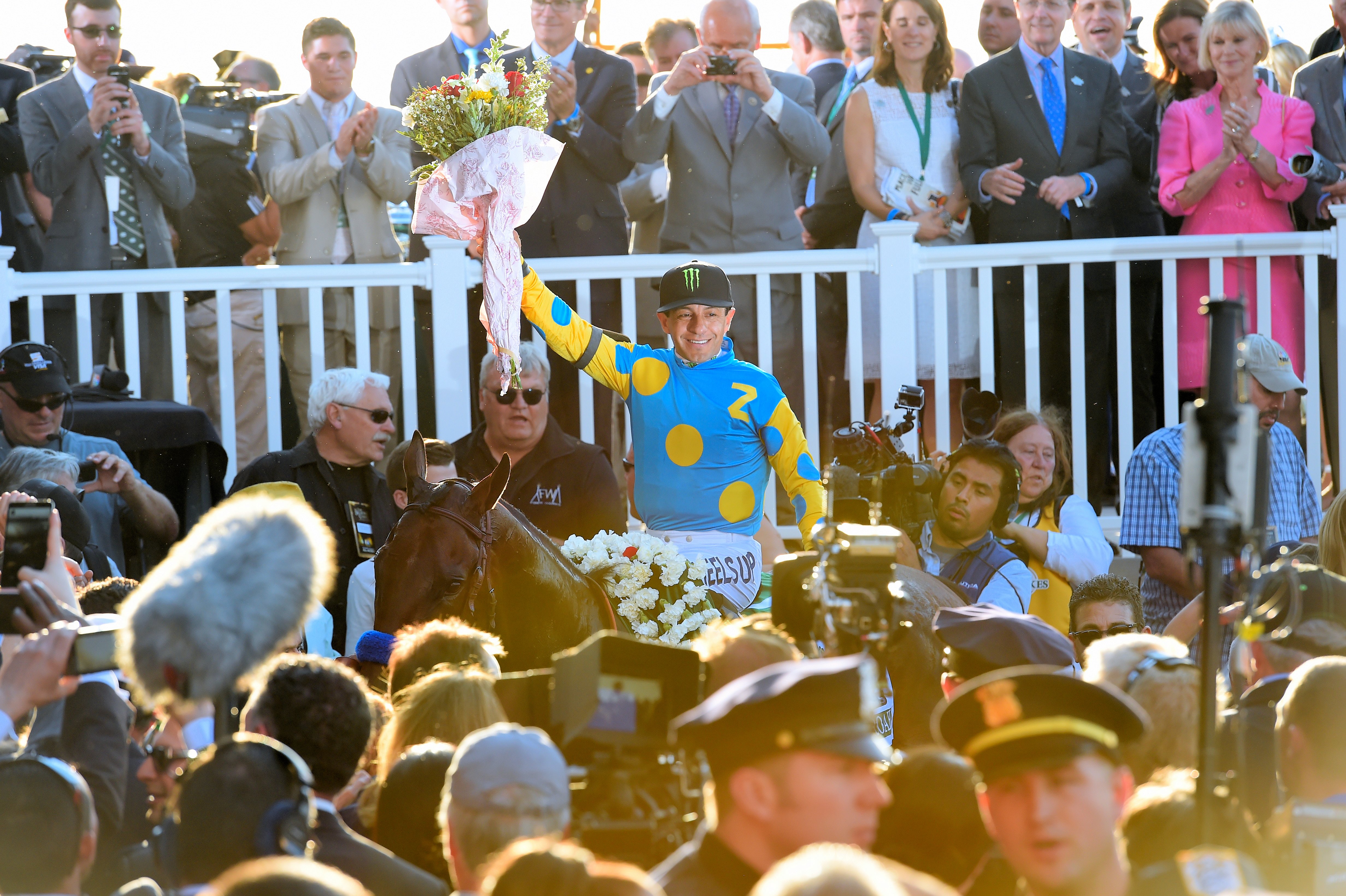 Victor Espinoza after winning the 2015 Belmont Stakes with American Pharoah (NYRA)