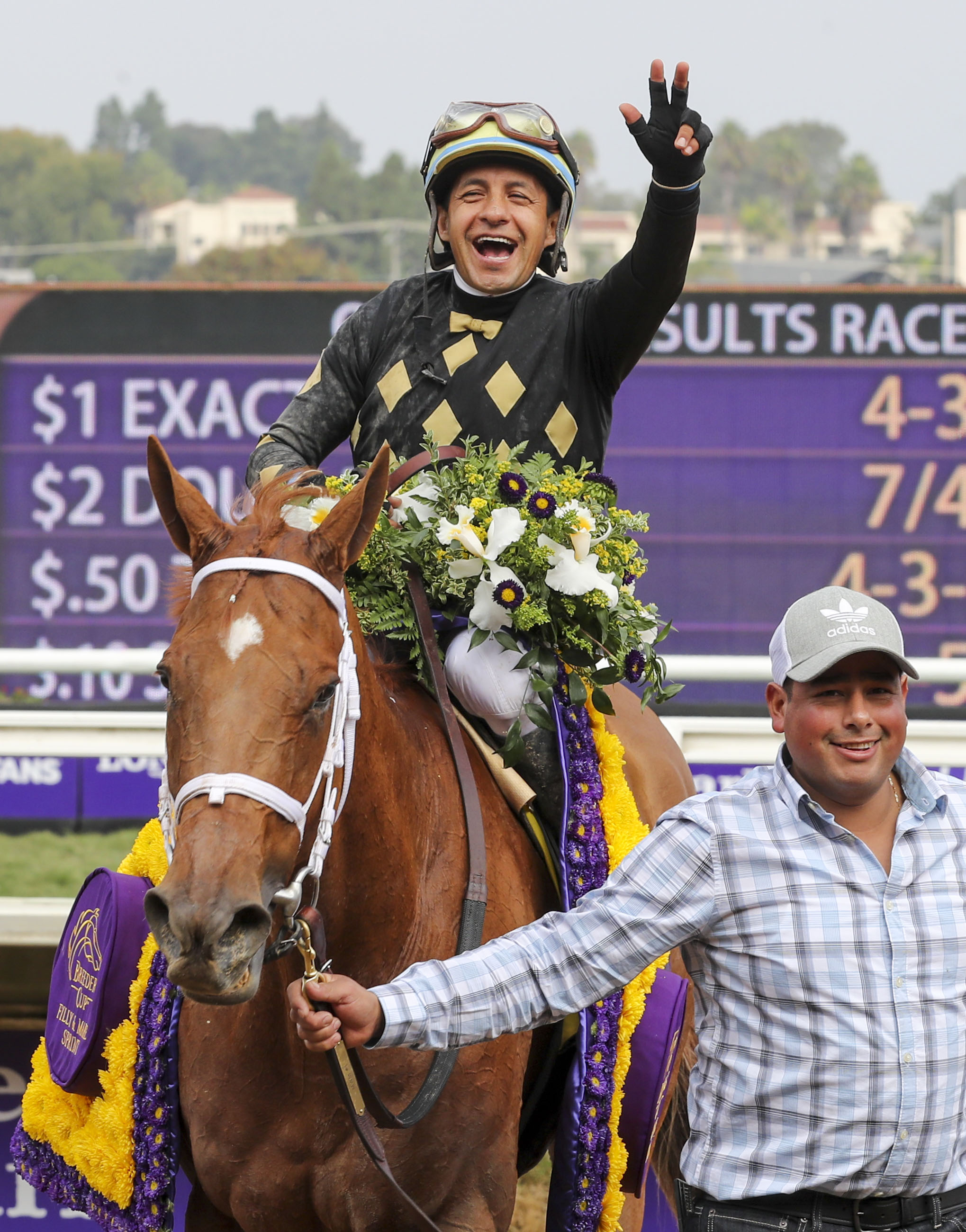 Victor Espinoza aboard Ce Ce after winning the 2021 Breeders' Cup Filly and Mare Sprint (Eclipse Sportswire/Breeders'' Cup)