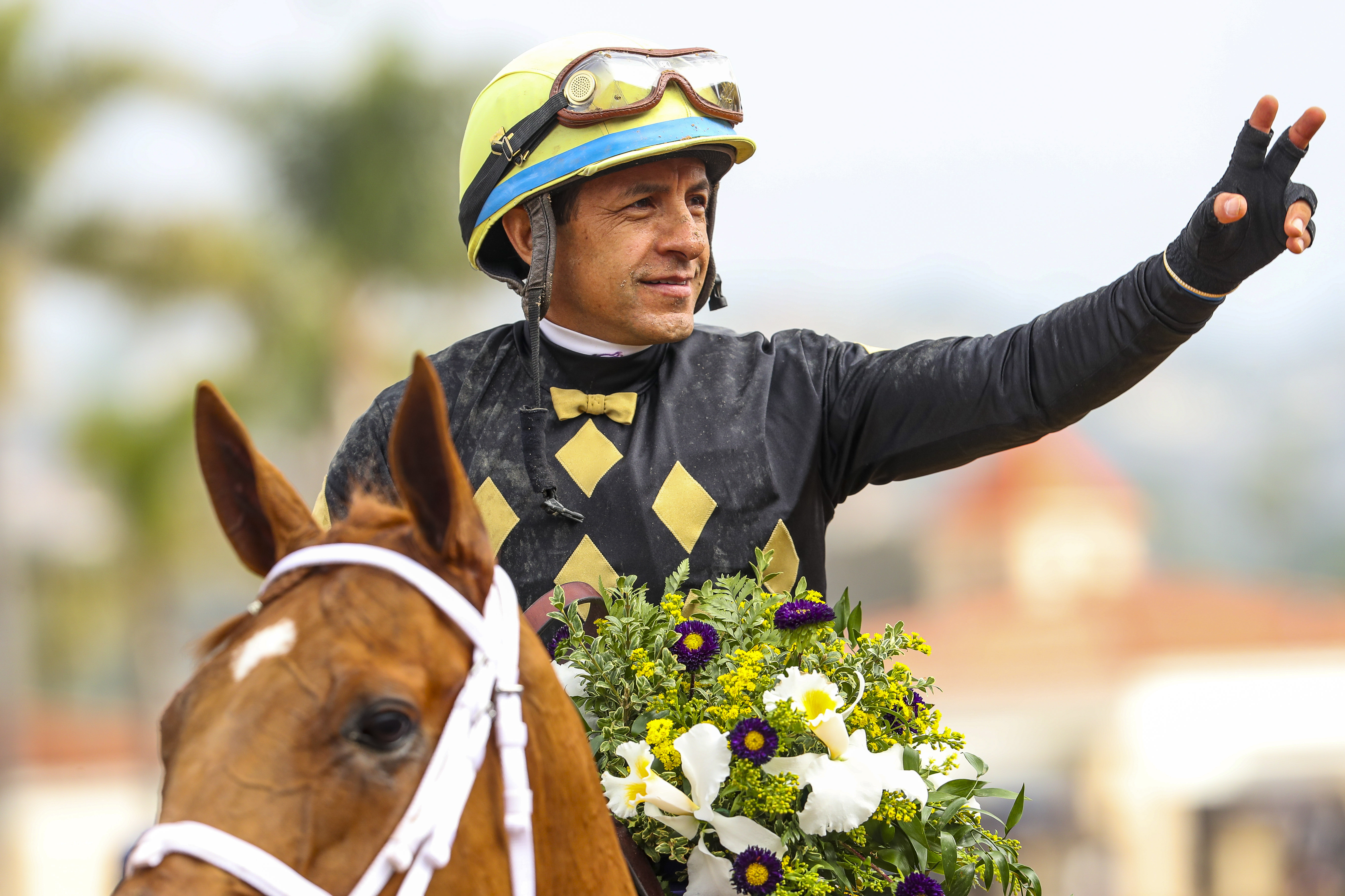 Victor Espinoza aboard Ce Ce after winning the 2021 Breeders' Cup Filly and Mare Sprint (Eclipse Sportswire/Breeders'' Cup)