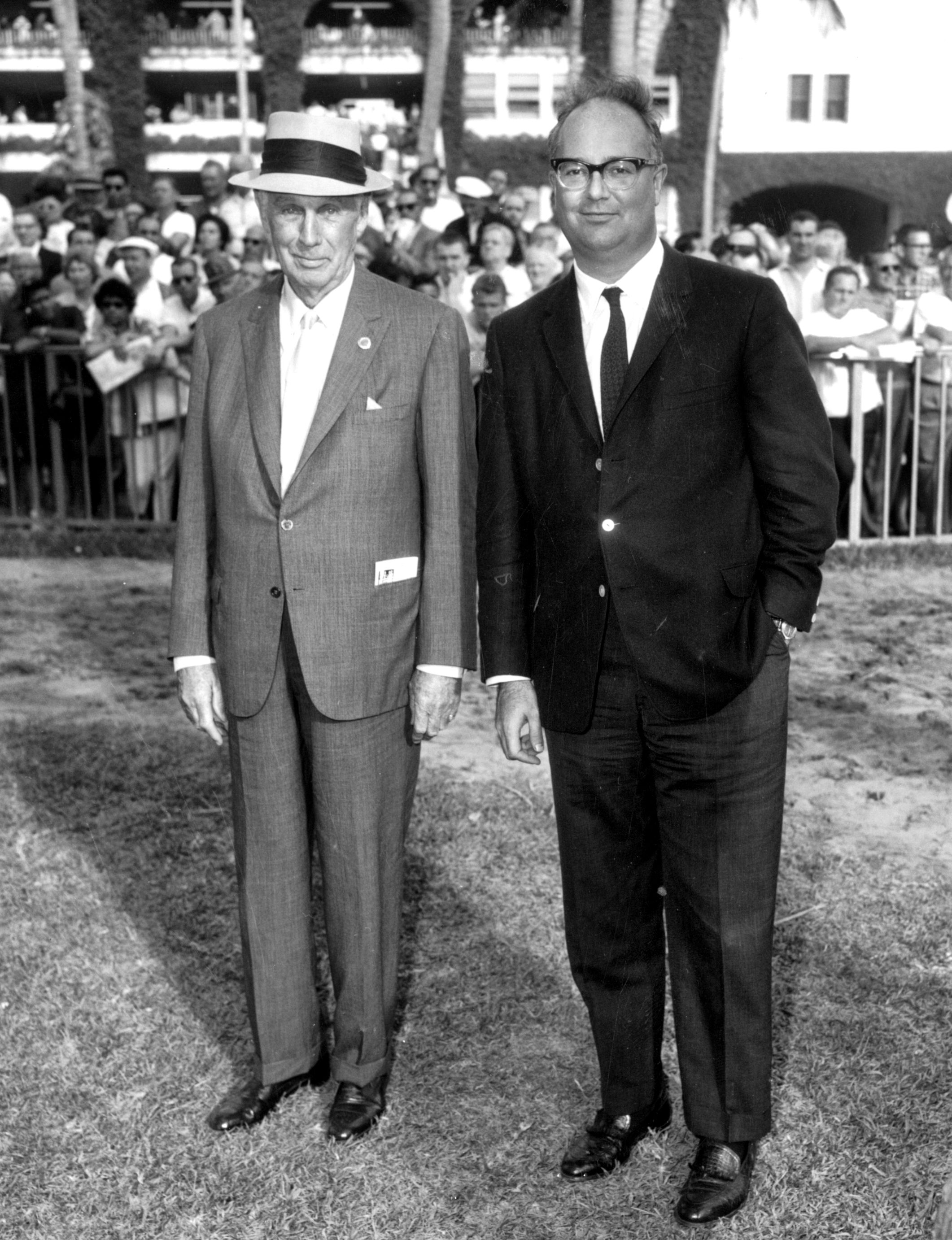 George D. Widener, Jr. and Peter A. B. Widener III in the paddock at Hialeah Park (Keeneland Library Morgan Collection)