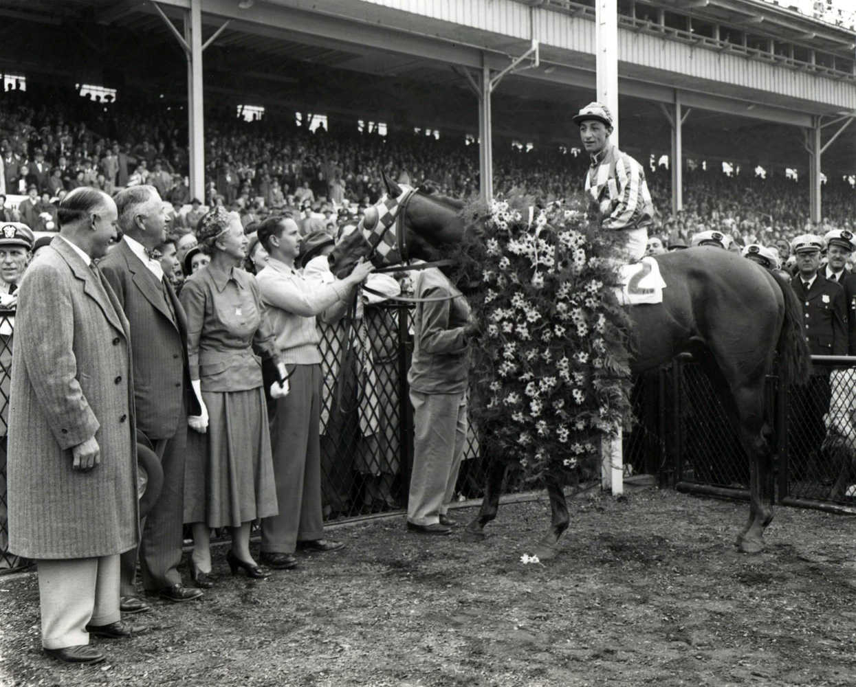 Winner's circle photograph for the 1950 Preakness Stakes at Pimlico, won by Christopher Chenery's Hill Prince(Eddie Arcaro up) (Keeneland Library Morgan Collection/Museum Collection)