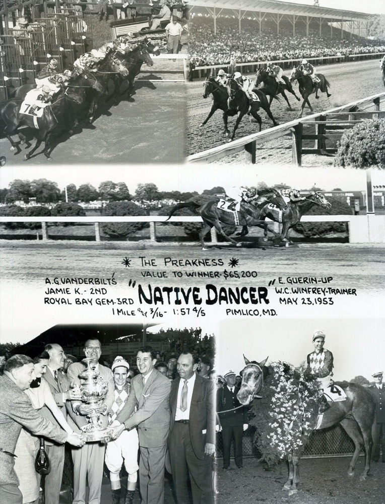 Win composite photograph for the 1953 Preakness Stakes, won by Native Dancer (owned by Alfred G. Vanderbilt II) (Pimlico Photo/Museum Collection)