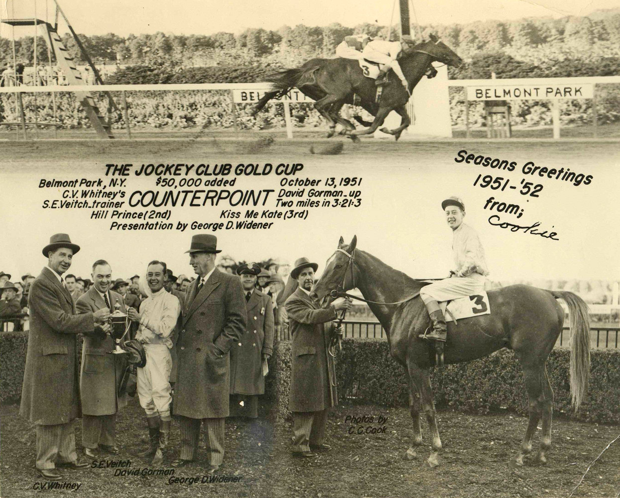 Win composite photograph for the 1951 Jockey Club Gold Cup won by C. V. Whitney's Counterpoint (C. C. Cook/Museum Collection)