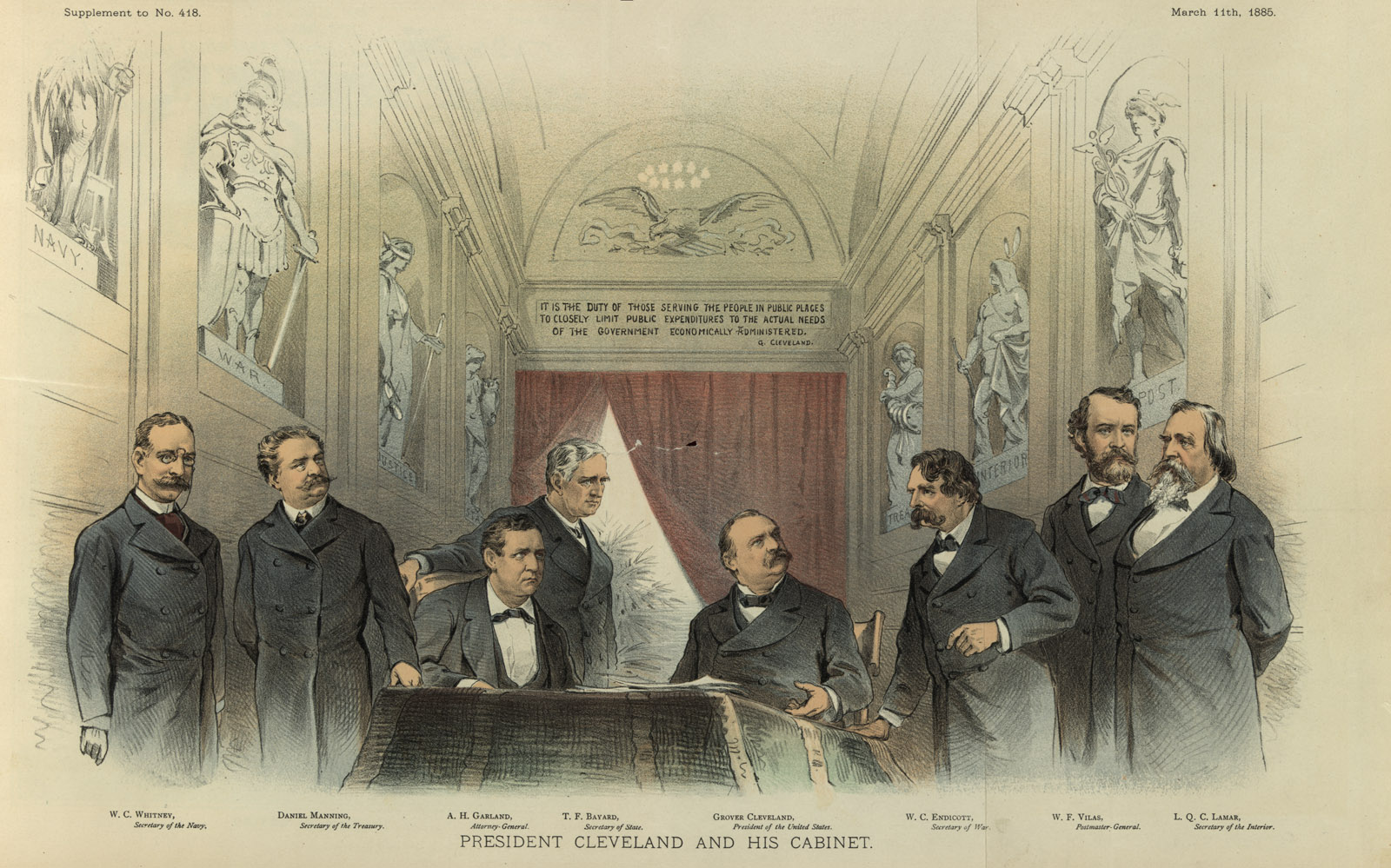 Illustration by Joseph Ferdinand Keppler showing President Cleveland sitting at a desk between his cabinet members, with Secretary of the Navy W.C. Whitney on the left (Library of Congress, Prints & Photographs Division, [LC-DIG-ppmsca-28178])