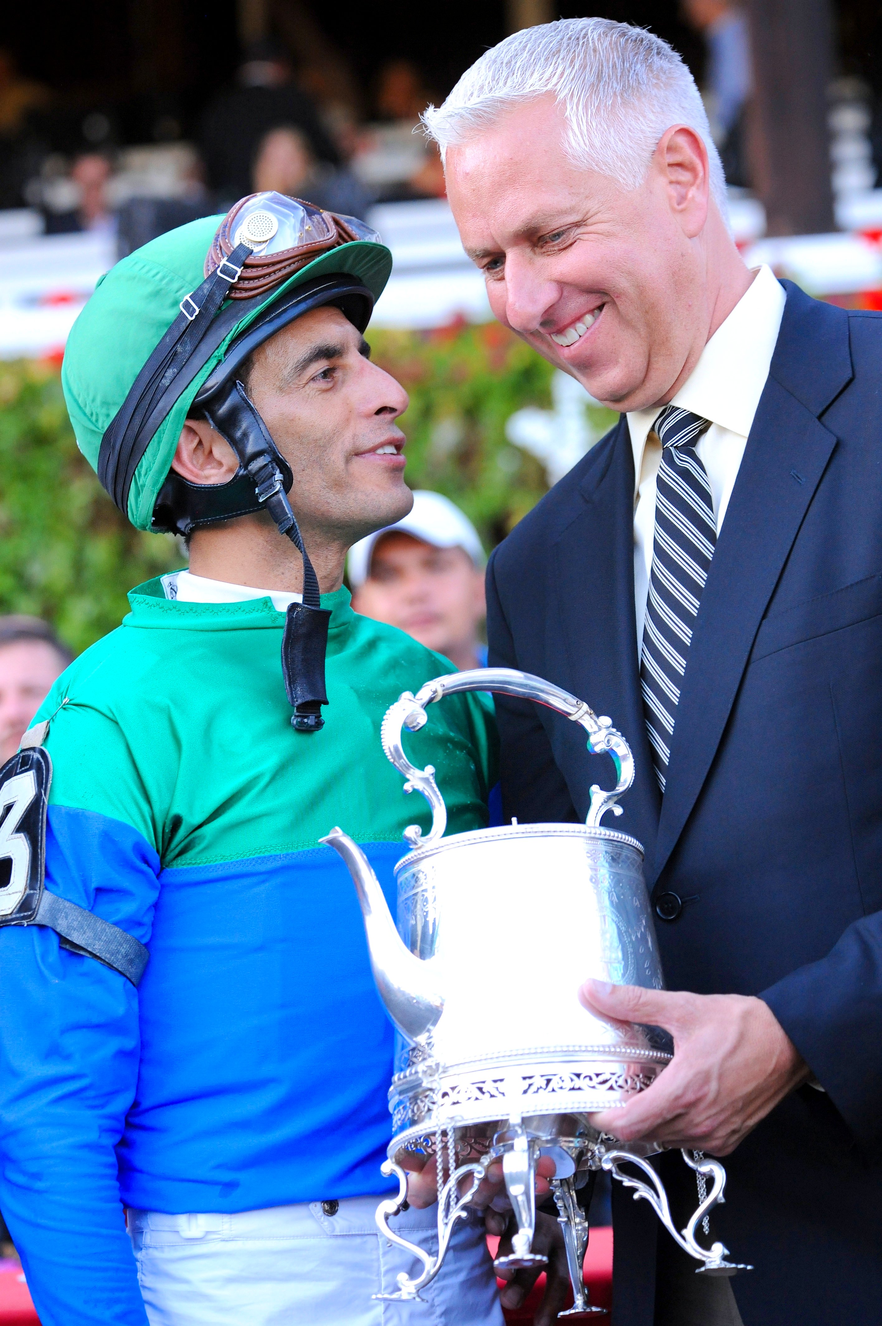 Todd Pletcher and John Velazquez at Saratoga Race Course, 2014 (Bob Mayberger/Museum Collection)