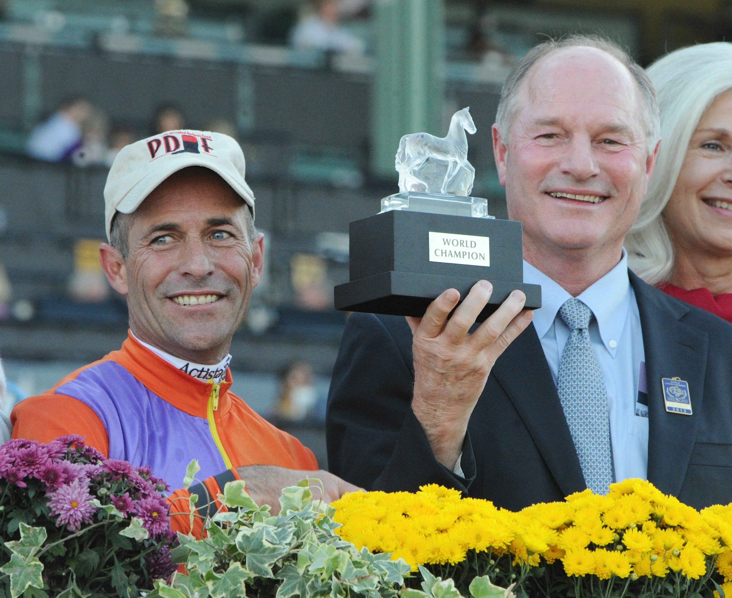 Richard Mandella, right, celebrates with Gary Stevens after Beholder won the 2013 Breeders' Cup Distaff at Santa Anita (Bob Mayberger/Museum Collection)