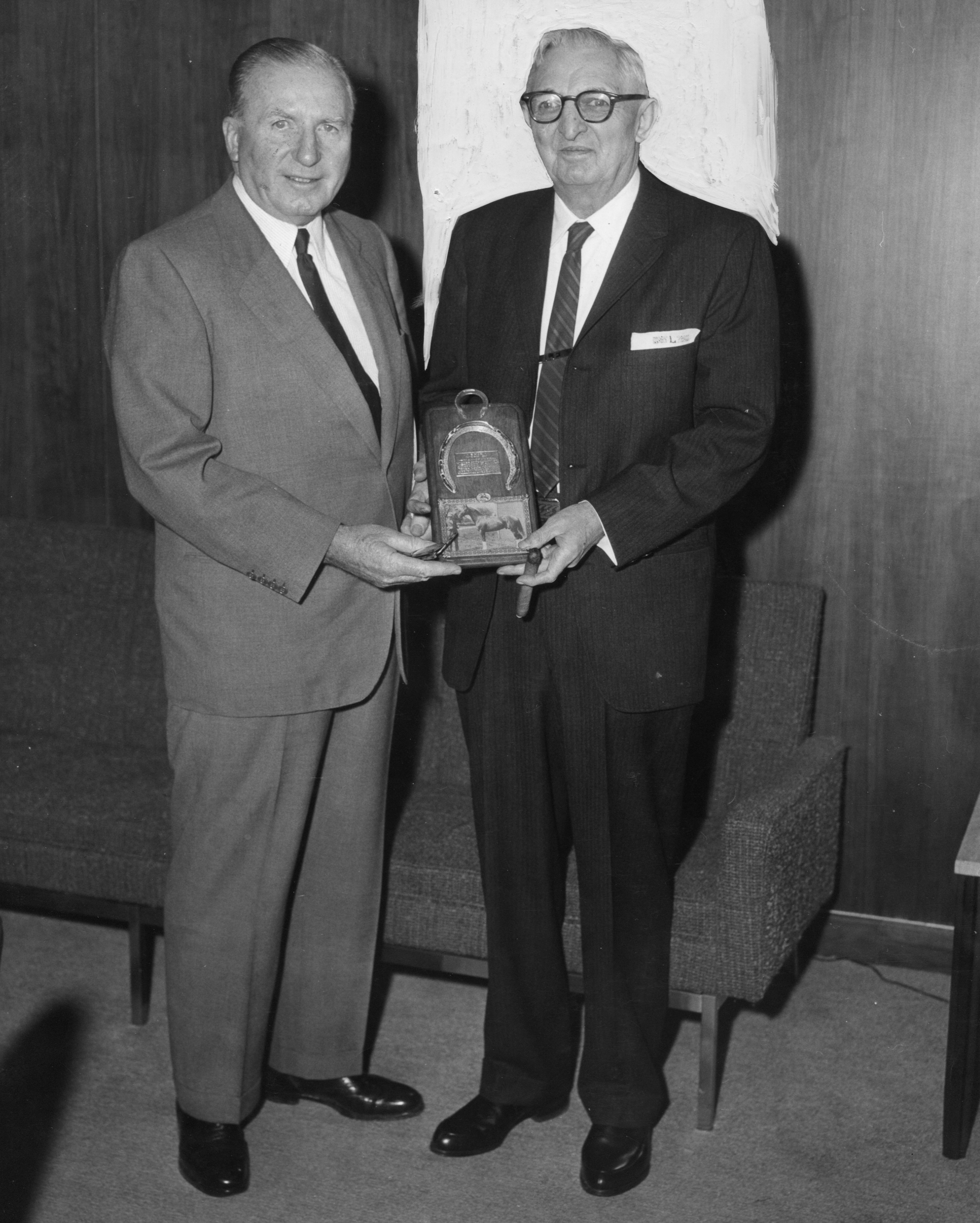 John Hanes presents Louis Feustel with an award (Bert and Richard Morgan/Museum Collection)