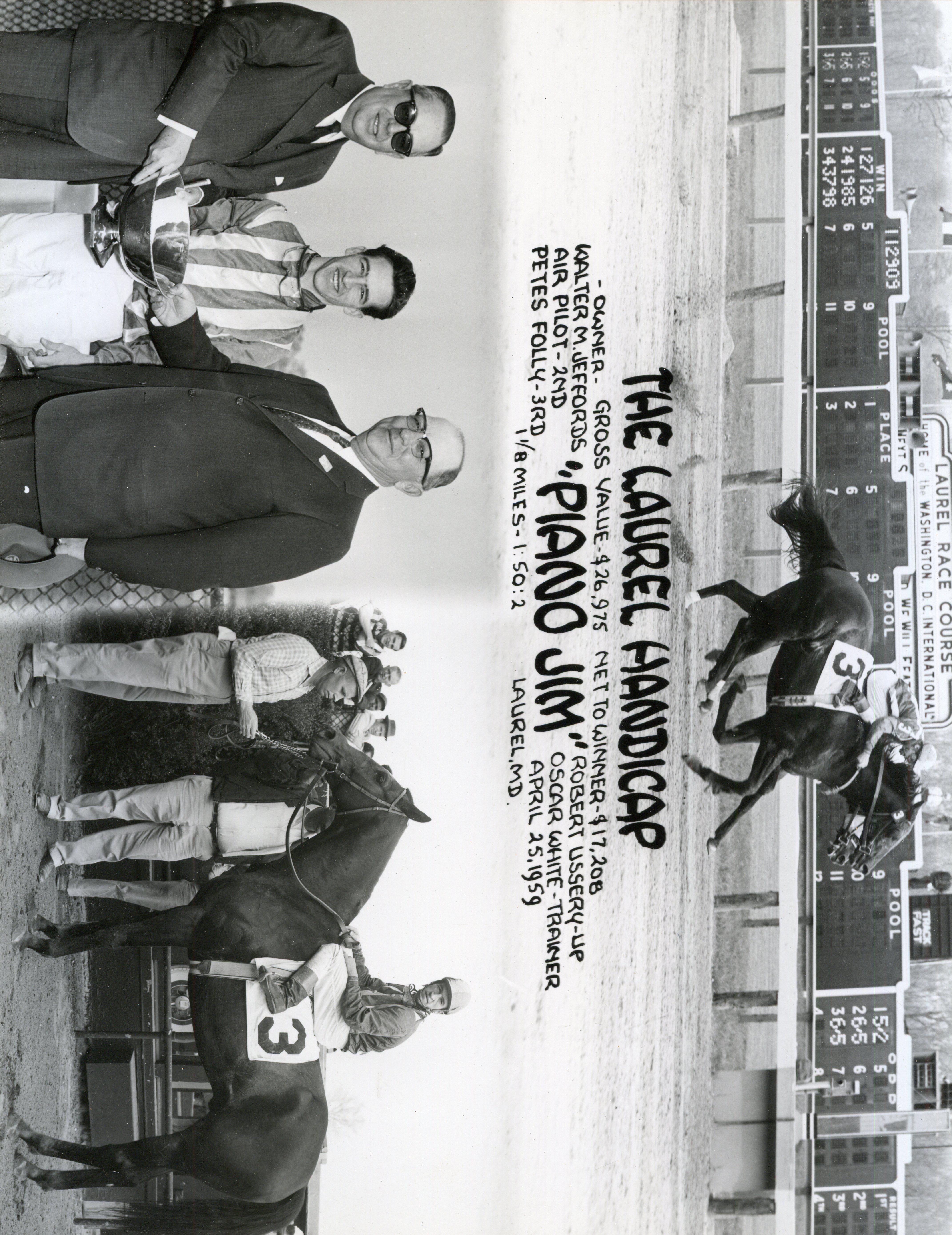 Win composite photo from the 1957 Laurel Handicap, featuring Oscar White (Museum Collection)