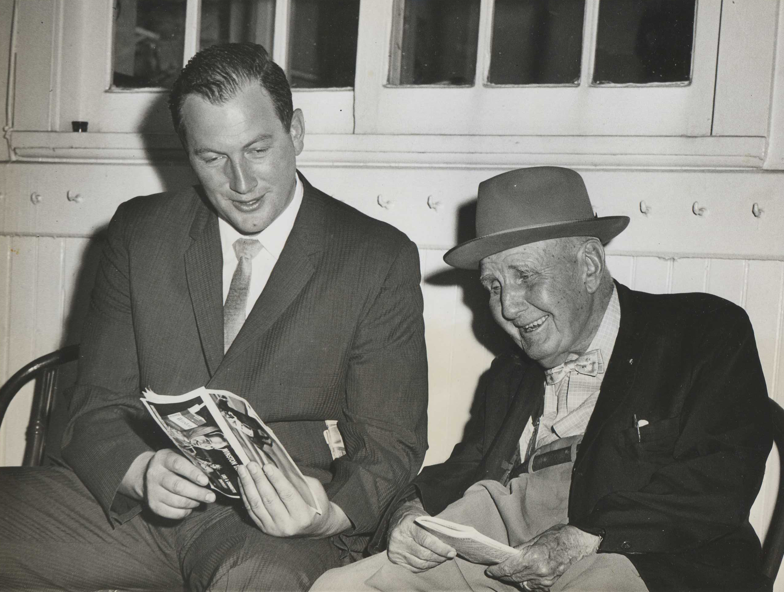 Allen Jerkens, left, and Sunny Jim Fitzsimmons at Aqueduct, 1962 (Museum Collection)
