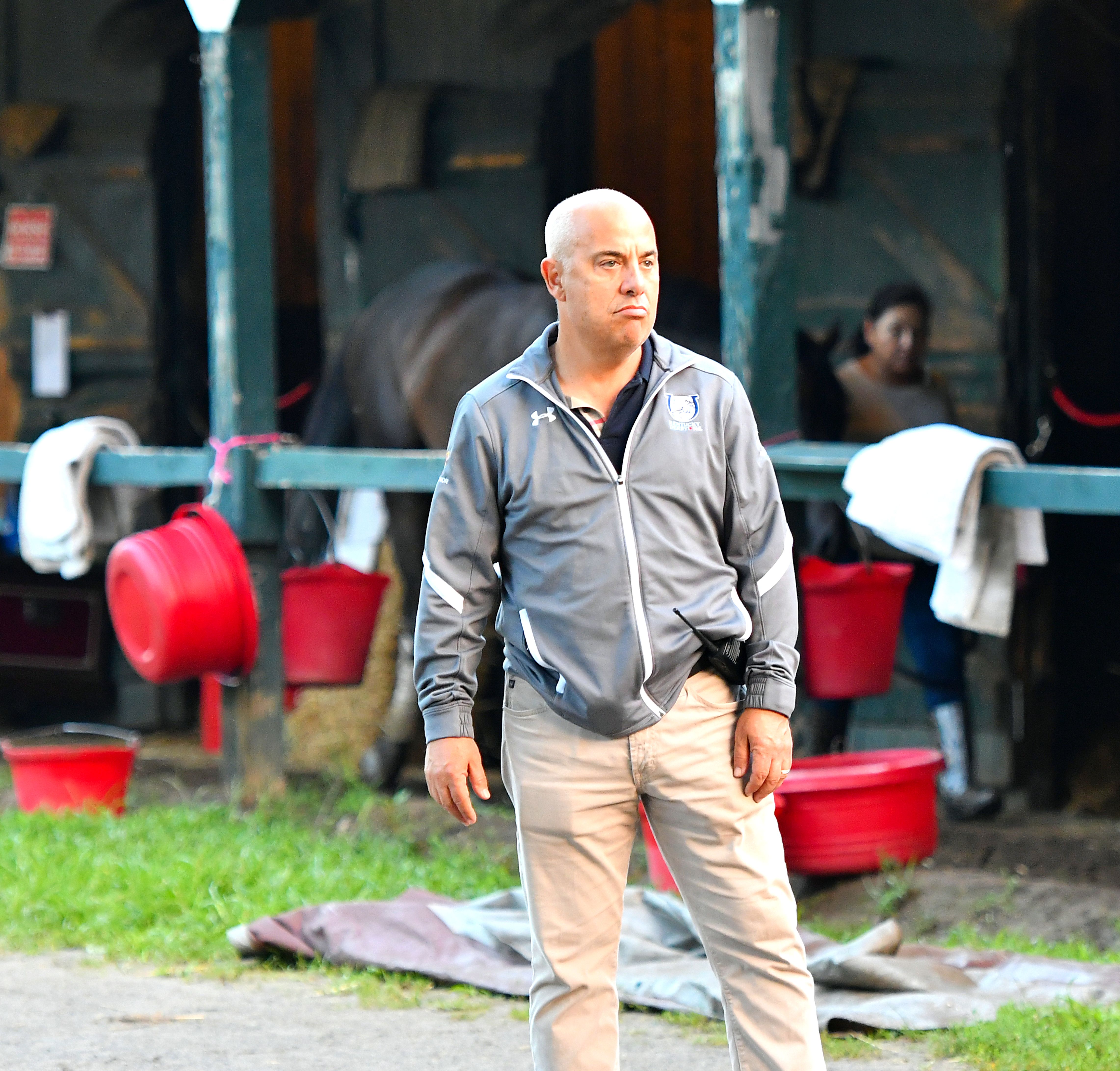 Mark Casse in the barn area at Saratoga Race Course, August 2018 (Brien Bouyea)