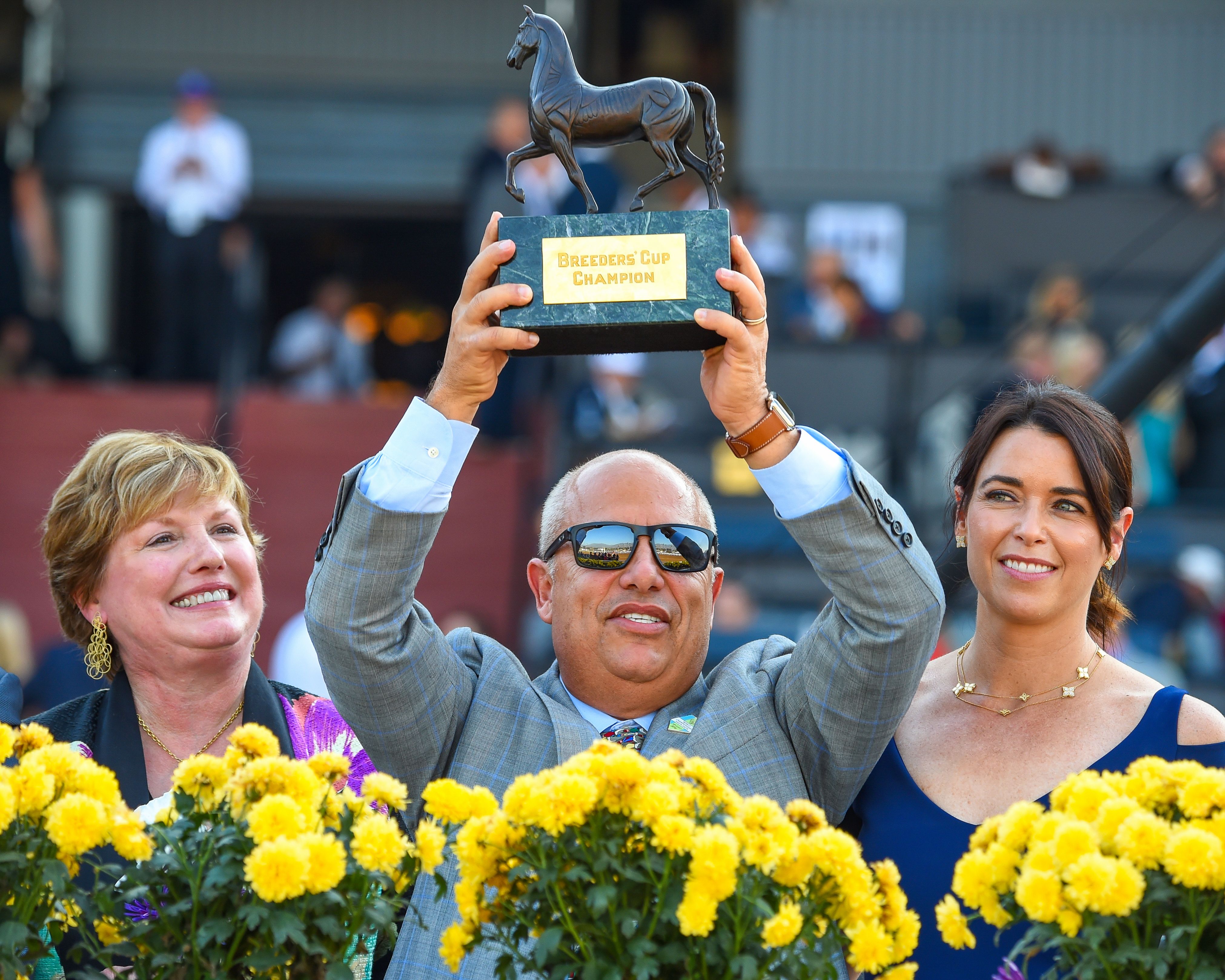Trainer Mark Casse raises the trophy in celebration of his 2016 Breeders' Cup Juvenile win with Classic Empire at Santa Anita (Bob Mayberger)