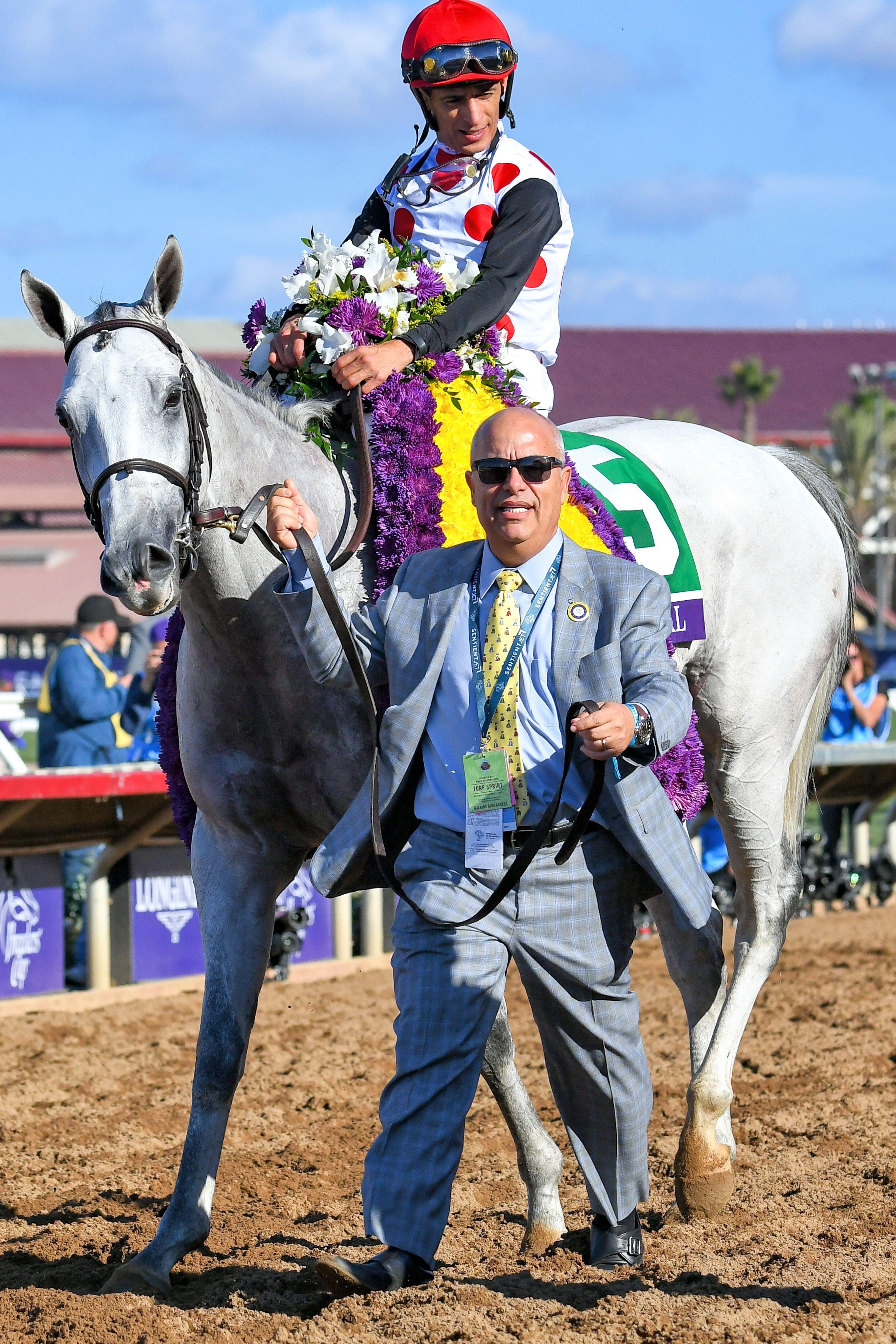 Mark Casse leads in World Approval (John Velazquez up) after winning the 2017 Breeders' Cup Mile at Del Mar (Bob Mayberger)