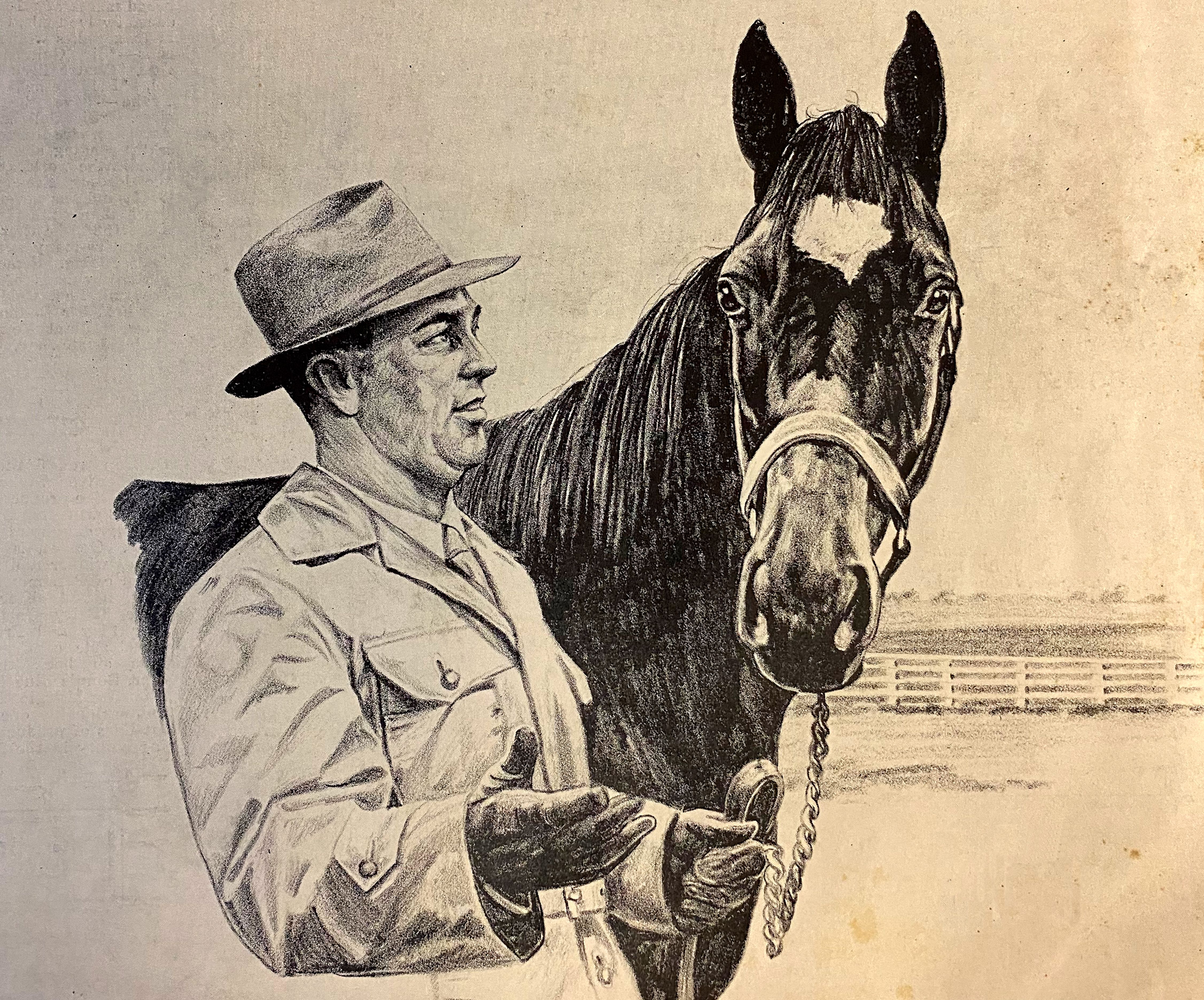 A sketch by Russ Ellis of trainer Syl Vetich with First Flight from the Feb. 15, 1947 edition of The Thoroughbred Record (Courtesy of Michael Veitch)