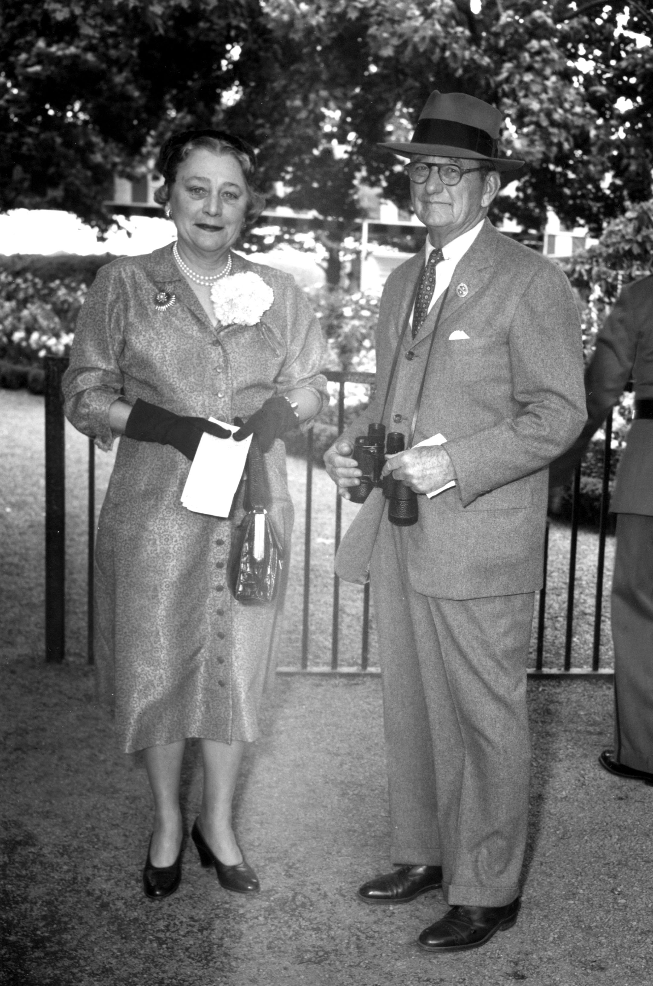 Isabel Dodge Sloane with Preston M. Burch at Belmont Park, May 1949 (Keeneland Library Morgan Collection/Museum Collection)