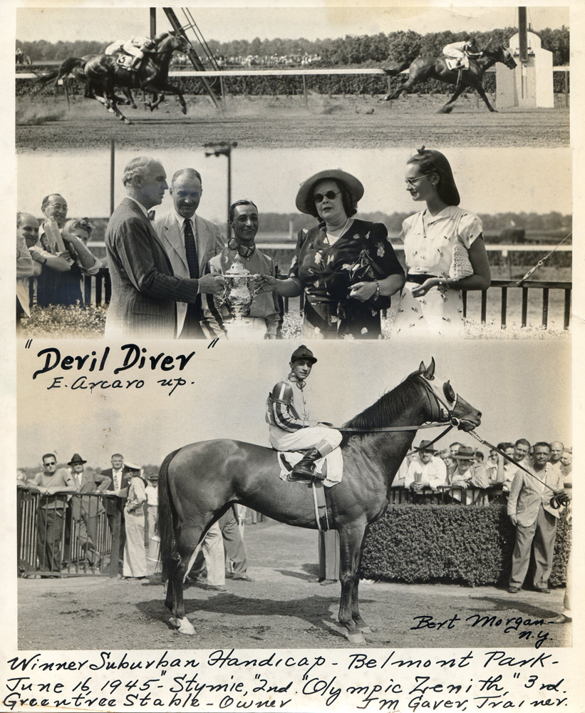 Win composite for the 1945 Suburban Handicap at Belmont, won by Devil Diver, Eddie Arcaro up, trained by John M. Gaver, Sr. (Bert Morgan/Museum Collection)