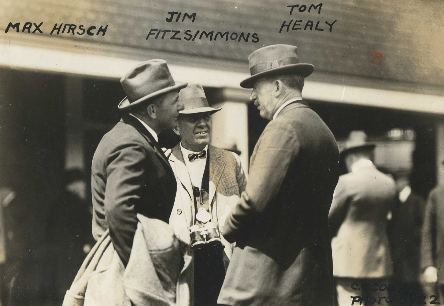 Hall of Fame trainers Max Hirsch, James"Sunny Jim" Fiitzsimmons and T. J. Healey in 1922 (C. C. Cook/Museum Collection)