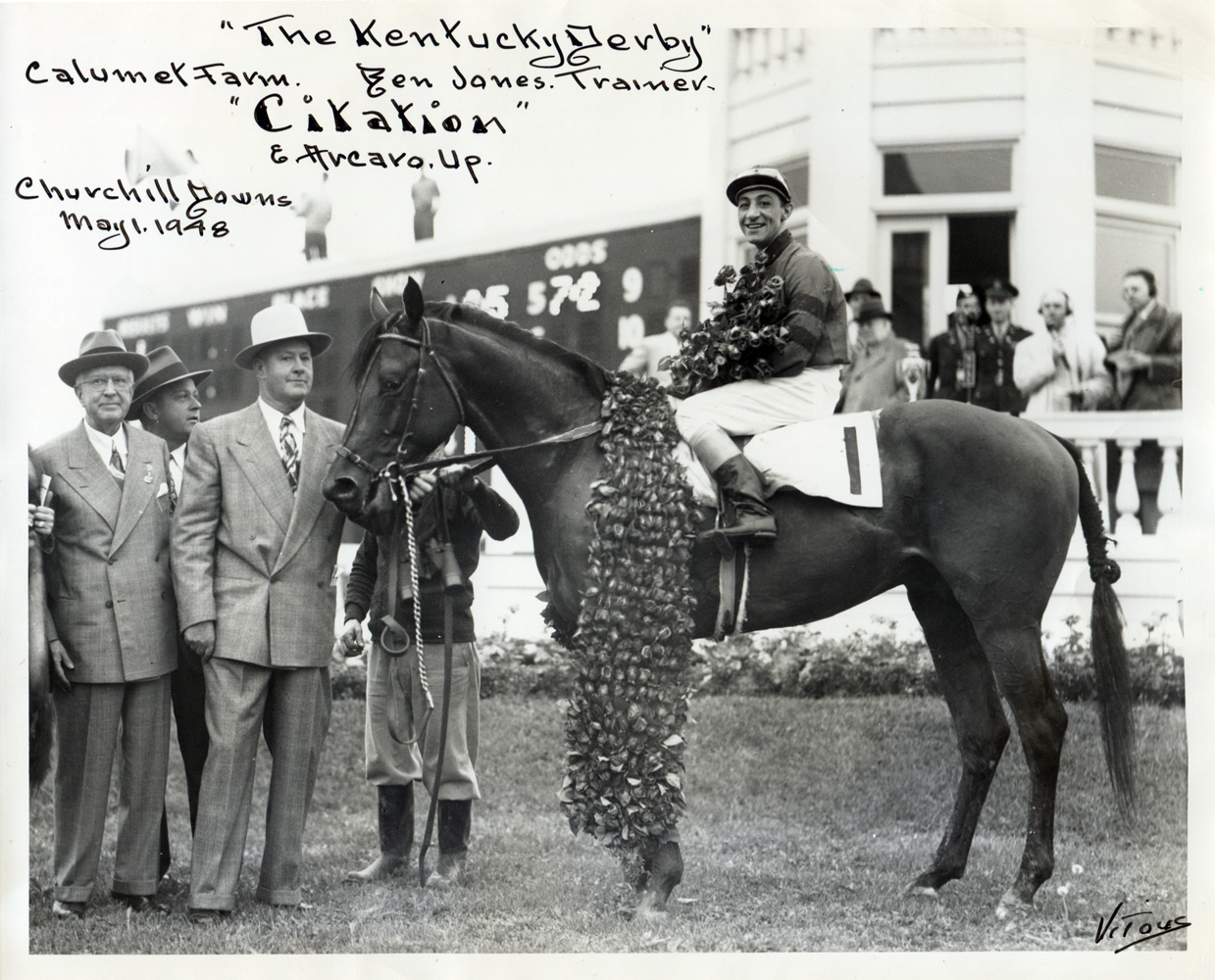 Ben Jones in the winner's circle for the 1948 Kentucky Derby, won by Citation. (His son, Jimmy Jones, would become the trainer of record for the last two legs of the Triple Crown) (Jerry Vitous/Museum Collection)