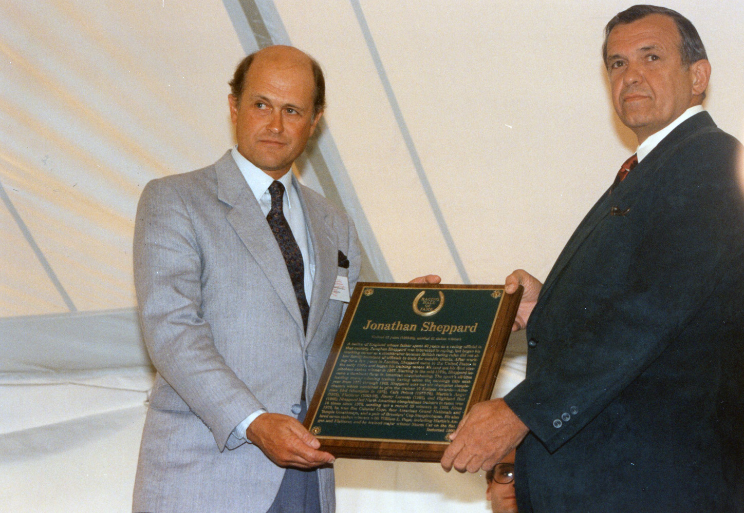 Jonathan Sheppard receiving his Hall of Fame plaque at the 1990 Hall of fame induction ceremony (Barbara D. Livingston/Museum Collection)
