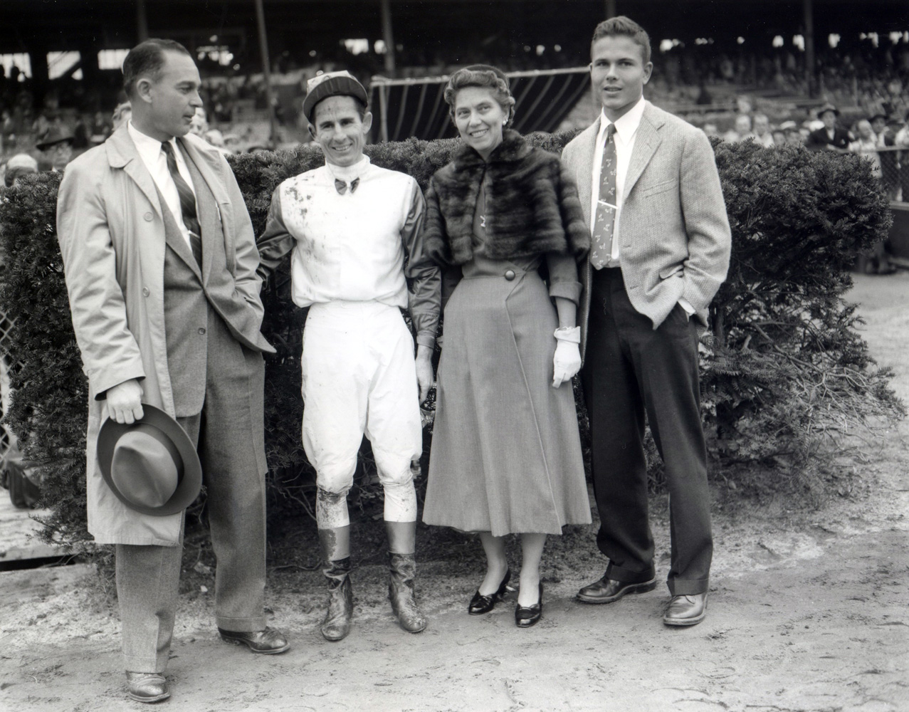 Trainer Sherrill Ward, jockey Eric Guerin and the winning owners of the 1954 Cowdin at Aqueduct, won by Summer Tan (Keeneland Library Morgan Collection/Museum Collection)