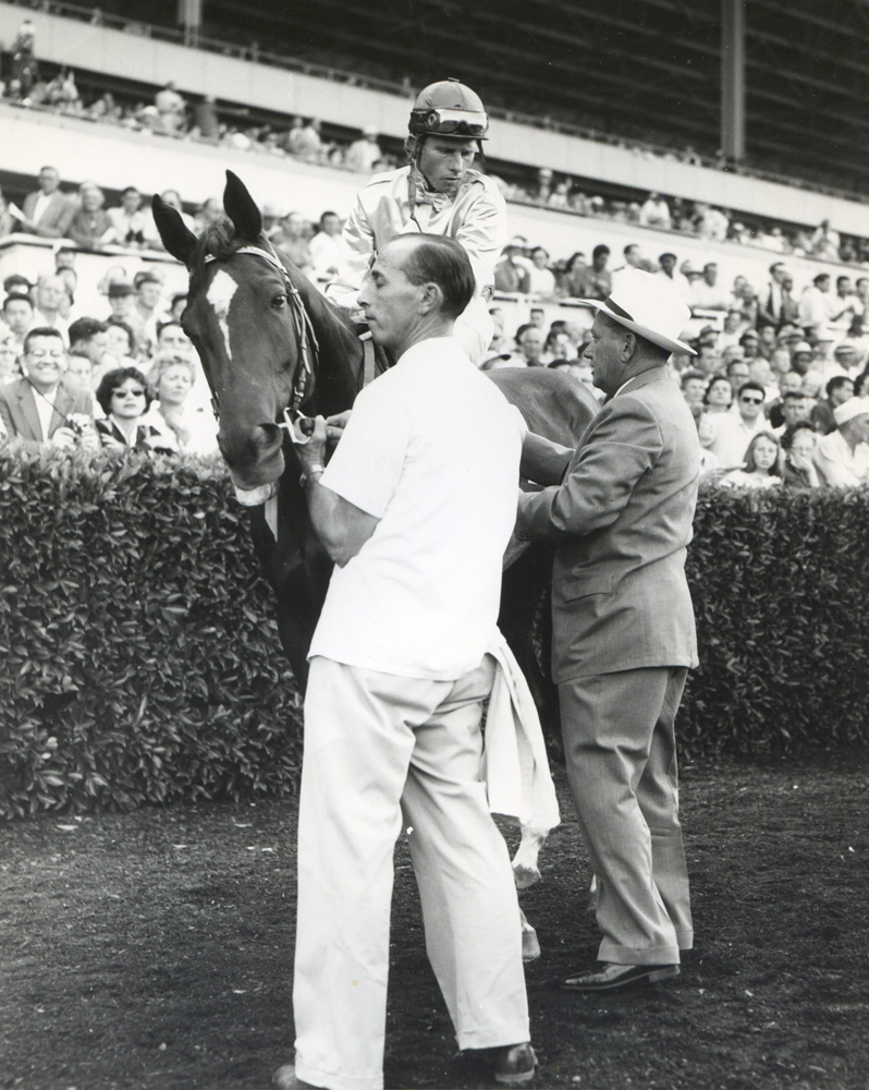 Trainer Robert Wheeler and Silver Spoon (Bill Boland up) at the 1959 Cinema Handicap at Hollywood Park (Museum Collection)