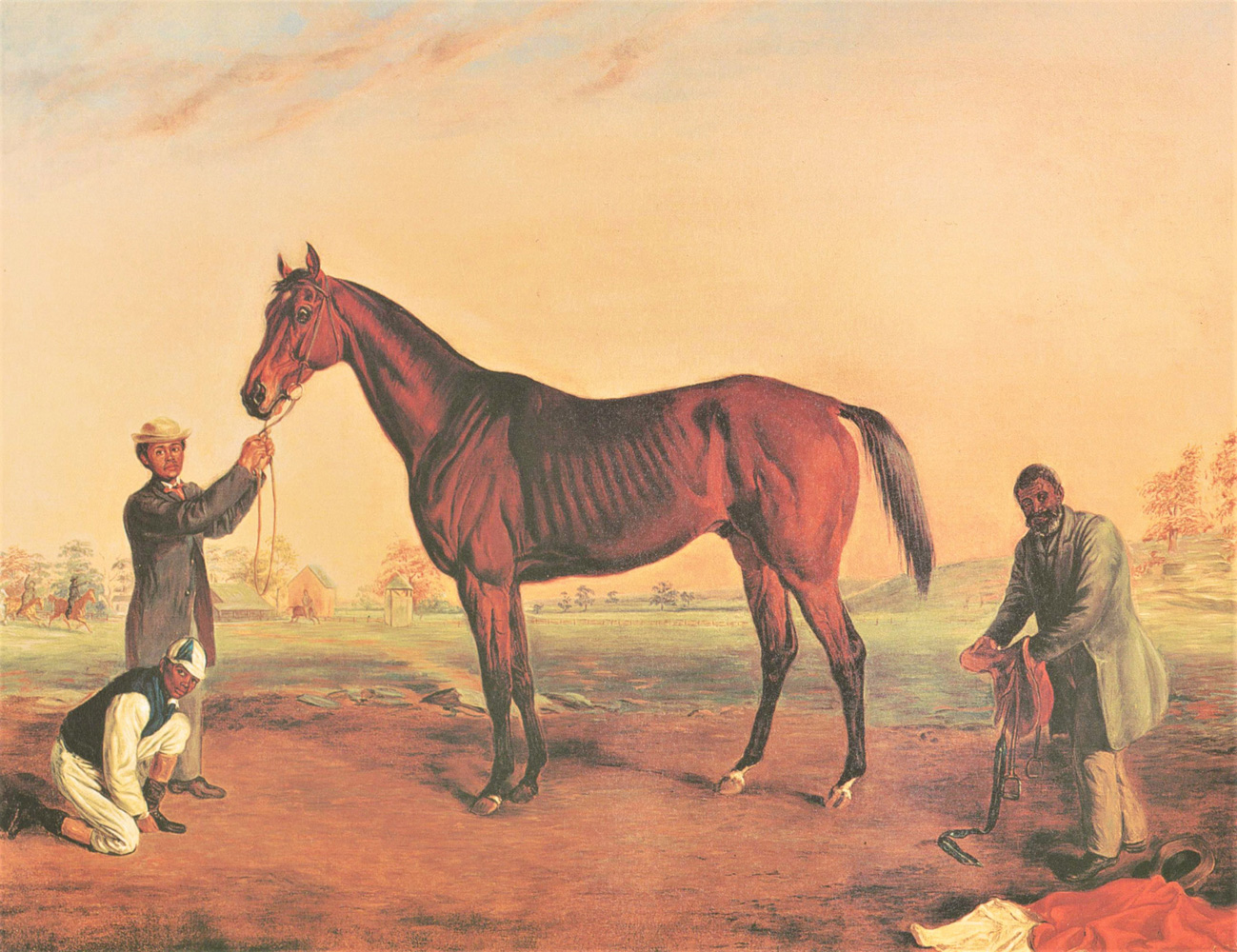 Reproduction of an 1864 Edward Troye portrait of Asteroid with his trainer Ansel Williamson (holding saddle on right) (Keeneland Library Collection)