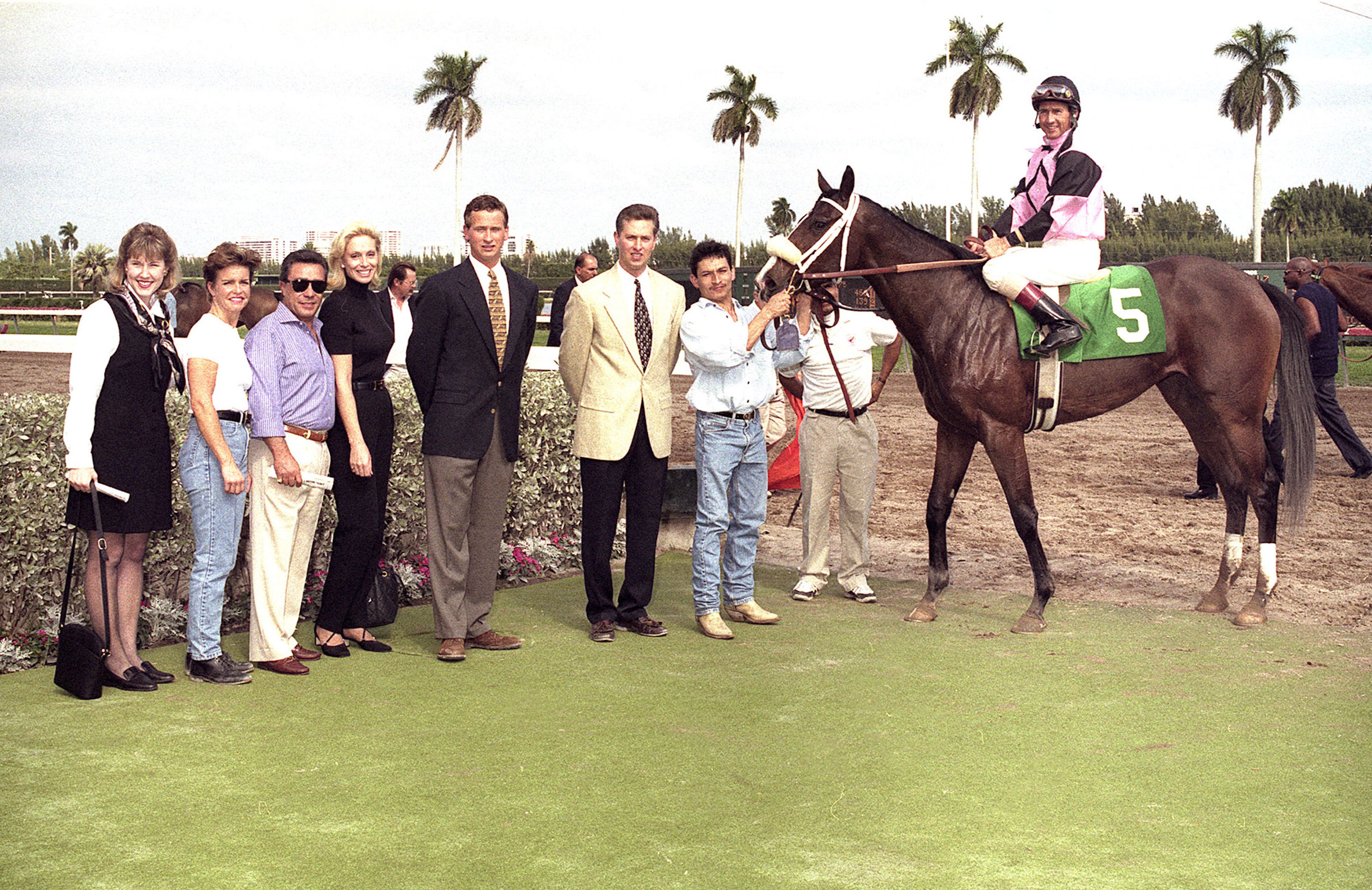 Winner's circle photo from Todd Pletcher's first career victory, Jan. 26, 1996, at Gulfstream Park with Majestic Number, Jerry Bailey up (Bill Denver/Equi-Photo, Inc.)